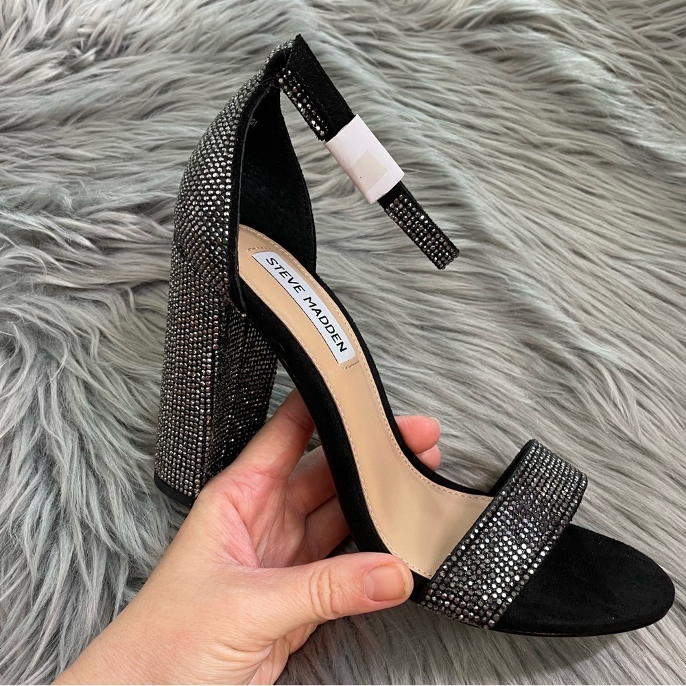 New Steve Madden Carrson Ankle Strap Sandal in Black Crystal Women’s Size 7.5